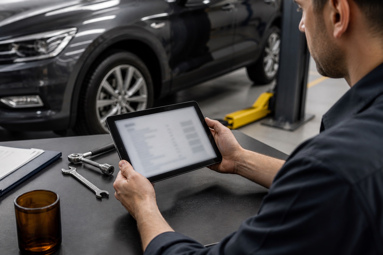 Service advisor reviewing an estimate on a tablet beside a vehicle.