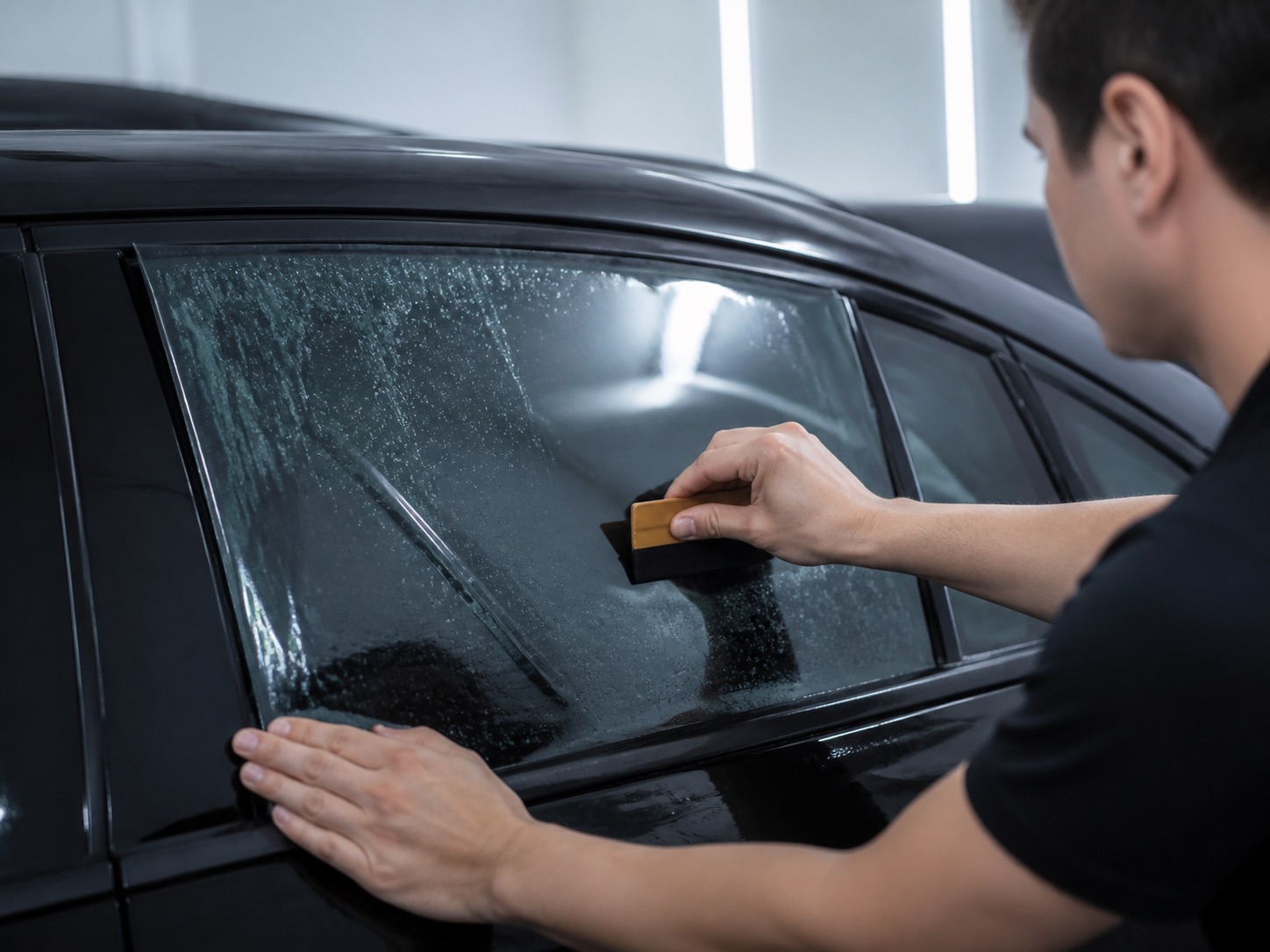 Installer applying window tint film to a vehicle side window.