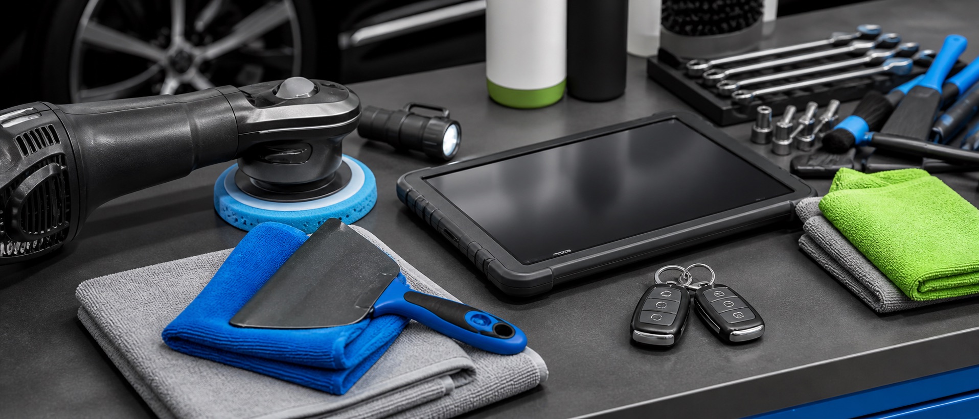 Automotive service tools arranged on a clean graphite workbench.